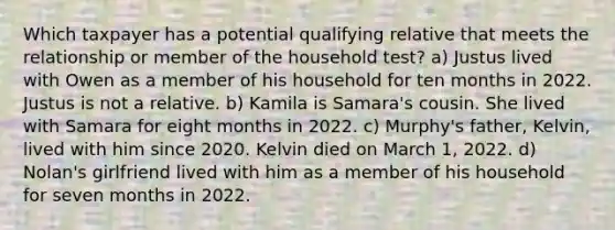 Which taxpayer has a potential qualifying relative that meets the relationship or member of the household test? a) Justus lived with Owen as a member of his household for ten months in 2022. Justus is not a relative. b) Kamila is Samara's cousin. She lived with Samara for eight months in 2022. c) Murphy's father, Kelvin, lived with him since 2020. Kelvin died on March 1, 2022. d) Nolan's girlfriend lived with him as a member of his household for seven months in 2022.