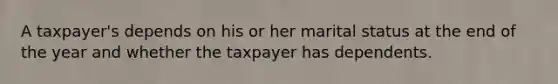 A taxpayer's depends on his or her marital status at the end of the year and whether the taxpayer has dependents.