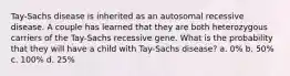 Tay-Sachs disease is inherited as an autosomal recessive disease. A couple has learned that they are both heterozygous carriers of the Tay-Sachs recessive gene. What is the probability that they will have a child with Tay-Sachs disease? a. 0% b. 50% c. 100% d. 25%