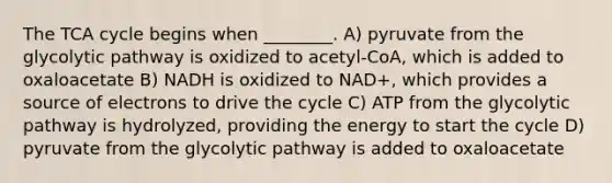 The TCA cycle begins when ________. A) pyruvate from the glycolytic pathway is oxidized to acetyl-CoA, which is added to oxaloacetate B) NADH is oxidized to NAD+, which provides a source of electrons to drive the cycle C) ATP from the glycolytic pathway is hydrolyzed, providing the energy to start the cycle D) pyruvate from the glycolytic pathway is added to oxaloacetate