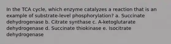 In the TCA cycle, which enzyme catalyzes a reaction that is an example of substrate-level phosphorylation? a. Succinate dehydrogenase b. Citrate synthase c. A-ketoglutarate dehydrogenase d. Succinate thiokinase e. Isocitrate dehydrogenase