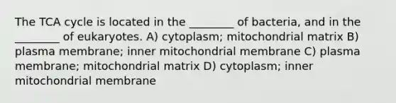 The TCA cycle is located in the ________ of bacteria, and in the ________ of eukaryotes. A) cytoplasm; mitochondrial matrix B) plasma membrane; inner mitochondrial membrane C) plasma membrane; mitochondrial matrix D) cytoplasm; inner mitochondrial membrane