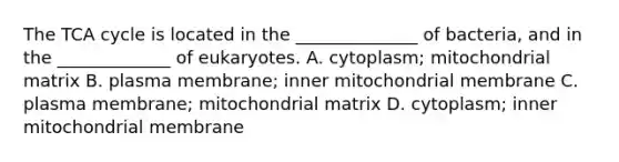 The TCA cycle is located in the ______________ of bacteria, and in the _____________ of eukaryotes. A. cytoplasm; mitochondrial matrix B. plasma membrane; inner mitochondrial membrane C. plasma membrane; mitochondrial matrix D. cytoplasm; inner mitochondrial membrane