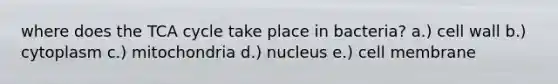 where does the TCA cycle take place in bacteria? a.) cell wall b.) cytoplasm c.) mitochondria d.) nucleus e.) cell membrane