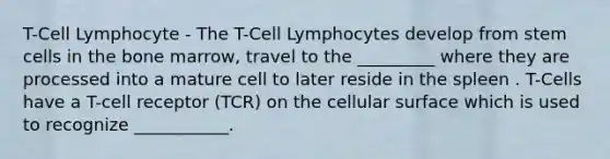 T-Cell Lymphocyte - The T-Cell Lymphocytes develop from stem cells in the bone marrow, travel to the _________ where they are processed into a mature cell to later reside in the spleen . T-Cells have a T-cell receptor (TCR) on the cellular surface which is used to recognize ___________.