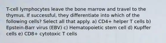 T-cell lymphocytes leave the bone marrow and travel to the thymus. If successful, they differentiate into which of the following cells? Select all that apply. a) CD4+ helper T cells b) Epstein-Barr virus (EBV) c) Hematopoietic stem cell d) Kupffer cells e) CD8+ cytotoxic T cells