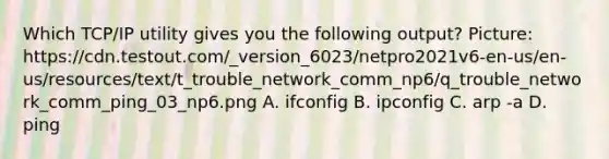 Which TCP/IP utility gives you the following output? Picture: https://cdn.testout.com/_version_6023/netpro2021v6-en-us/en-us/resources/text/t_trouble_network_comm_np6/q_trouble_network_comm_ping_03_np6.png A. ifconfig B. ipconfig C. arp -a D. ping