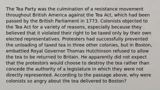 The Tea Party was the culmination of a resistance movement throughout British America against the Tea Act, which had been passed by the British Parliament in 1773. Colonists objected to the Tea Act for a variety of reasons, especially because they believed that it violated their right to be taxed only by their own elected representatives. Protesters had successfully prevented the unloading of taxed tea in three other colonies, but in Boston, embattled Royal Governor Thomas Hutchinson refused to allow the tea to be returned to Britain. He apparently did not expect that the protestors would choose to destroy the tea rather than concede the authority of a legislature in which they were not directly represented. According to the passage above, why were colonists so angry about the tea delivered to Boston?