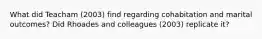 What did Teacham (2003) find regarding cohabitation and marital outcomes? Did Rhoades and colleagues (2003) replicate it?