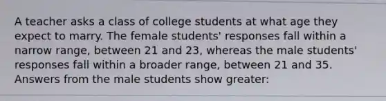 A teacher asks a class of college students at what age they expect to marry. The female students' responses fall within a narrow range, between 21 and 23, whereas the male students' responses fall within a broader range, between 21 and 35. Answers from the male students show greater: