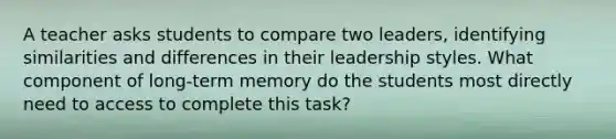 A teacher asks students to compare two​ leaders, identifying similarities and differences in their leadership styles. What component of​ long-term memory do the students most directly need to access to complete this​ task?