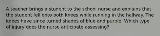 A teacher brings a student to the school nurse and explains that the student fell onto both knees while running in the hallway. The knees have since turned shades of blue and purple. Which type of injury does the nurse anticipate assessing?