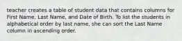 teacher creates a table of student data that contains columns for First Name, Last Name, and Date of Birth. To list the students in alphabetical order by last name, she can sort the Last Name column in ascending order.