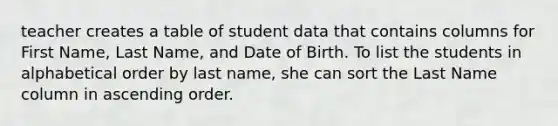 teacher creates a table of student data that contains columns for First Name, Last Name, and Date of Birth. To list the students in alphabetical order by last name, she can sort the Last Name column in ascending order.