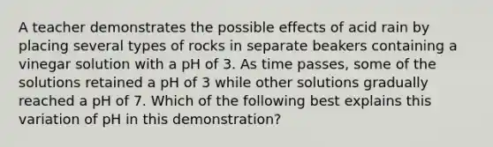 A teacher demonstrates the possible effects of acid rain by placing several types of rocks in separate beakers containing a vinegar solution with a pH of 3. As time passes, some of the solutions retained a pH of 3 while other solutions gradually reached a pH of 7. Which of the following best explains this variation of pH in this demonstration?