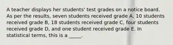 A teacher displays her students' test grades on a notice board. As per the results, seven students received grade A, 10 students received grade B, 18 students received grade C, four students received grade D, and one student received grade E. In statistical terms, this is a _____.