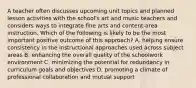 A teacher often discusses upcoming unit topics and planned lesson activities with the school's art and music teachers and considers ways to integrate fine arts and content-area instruction. Which of the following is likely to be the most important positive outcome of this approach? A. helping ensure consistency in the instructional approaches used across subject areas B. enhancing the overall quality of the schoolwork environment C. minimizing the potential for redundancy in curriculum goals and objectives D. promoting a climate of professional collaboration and mutual support