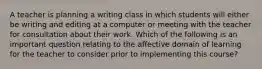 A teacher is planning a writing class in which students will either be writing and editing at a computer or meeting with the teacher for consultation about their work. Which of the following is an important question relating to the affective domain of learning for the teacher to consider prior to implementing this course?