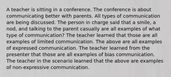 A teacher is sitting in a conference. The conference is about communicating better with parents. All types of communication are being discussed. The person in charge said that a smile, a nod, and talking to the parent casually are all examples of what type of communication? The teacher learned that those are all examples of limited communication. The above are all examples of expressed communication. The teacher learned from the presenter that those are all examples of bias communication. The teacher in the scenario learned that the above are examples of non-expressive communication.