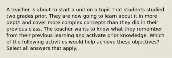 A teacher is about to start a unit on a topic that students studied two grades prior. They are now going to learn about it in more depth and cover more complex concepts than they did in their previous class. The teacher wants to know what they remember from their previous learning and activate prior knowledge. Which of the following activities would help achieve these objectives? Select all answers that apply.