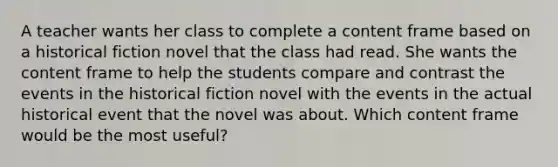 A teacher wants her class to complete a content frame based on a historical fiction novel that the class had read. She wants the content frame to help the students compare and contrast the events in the historical fiction novel with the events in the actual historical event that the novel was about. Which content frame would be the most useful?