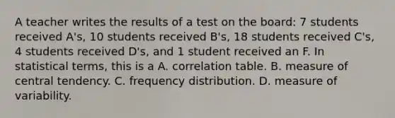 A teacher writes the results of a test on the board: 7 students received A's, 10 students received B's, 18 students received C's, 4 students received D's, and 1 student received an F. In statistical terms, this is a A. correlation table. B. measure of central tendency. C. frequency distribution. D. measure of variability.