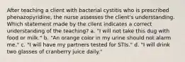 After teaching a client with bacterial cystitis who is prescribed phenazopyridine, the nurse assesses the client's understanding. Which statement made by the client indicates a correct understanding of the teaching? a. "I will not take this dug with food or milk." b. "An orange color in my urine should not alarm me." c. "I will have my partners tested for STIs." d. "I will drink two glasses of cranberry juice daily."