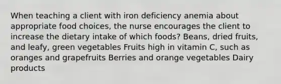 When teaching a client with iron deficiency anemia about appropriate food choices, the nurse encourages the client to increase the dietary intake of which foods? Beans, dried fruits, and leafy, green vegetables Fruits high in vitamin C, such as oranges and grapefruits Berries and orange vegetables Dairy products