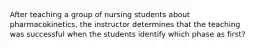 After teaching a group of nursing students about pharmacokinetics, the instructor determines that the teaching was successful when the students identify which phase as first?