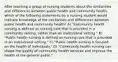 After teaching a group of nursing students about the similarities and differences between public health and community health, which of the following statements by a nursing student would indicate knowledge of the similarities and differences between public health and community health? A) "Community health nursing is defined as nursing care that is provided in a community setting, rather than an institutional setting." B) "Public health nursing is defined as nursing care that is provided in an institutional setting." C) "Public health nursing is focused on the health of individuals." D) "Community health nursing can shape the quality of community health services and improve the health of the general public."