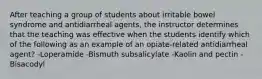 After teaching a group of students about irritable bowel syndrome and antidiarrheal agents, the instructor determines that the teaching was effective when the students identify which of the following as an example of an opiate-related antidiarrheal agent? -Loperamide -Bismuth subsalicylate -Kaolin and pectin -Bisacodyl