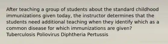 After teaching a group of students about the standard childhood immunizations given today, the instructor determines that the students need additional teaching when they identify which as a common disease for which immunizations are given? Tuberculosis Poliovirus Diphtheria Pertussis