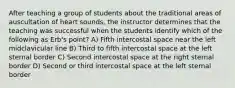 After teaching a group of students about the traditional areas of auscultation of heart sounds, the instructor determines that the teaching was successful when the students identify which of the following as Erb's point? A) Fifth intercostal space near the left midclavicular line B) Third to fifth intercostal space at the left sternal border C) Second intercostal space at the right sternal border D) Second or third intercostal space at the left sternal border