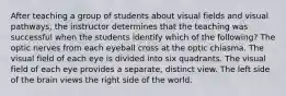 After teaching a group of students about visual fields and visual pathways, the instructor determines that the teaching was successful when the students identify which of the following? The optic nerves from each eyeball cross at the optic chiasma. The visual field of each eye is divided into six quadrants. The visual field of each eye provides a separate, distinct view. The left side of the brain views the right side of the world.