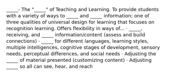 _____- The "_____" of Teaching and Learning. To provide students with a variety of ways to _____ and _____ information; one of three qualities of universal design for learning that focuses on recognition learning. Offers flexibility in ways of... · _____, receiving, and _____ information/content (assess and build connections) · _____ for different languages, learning styles, multiple intelligences, cognitive stages of development, sensory needs, perceptual differences, and social needs · Adjusting the _____ of material presented (customizing content) · Adjusting _____ so all can see, hear, and reach