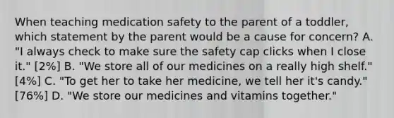 When teaching medication safety to the parent of a toddler, which statement by the parent would be a cause for concern? A. "I always check to make sure the safety cap clicks when I close it." [2%] B. "We store all of our medicines on a really high shelf." [4%] C. "To get her to take her medicine, we tell her it's candy." [76%] D. "We store our medicines and vitamins together."