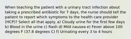 When teaching the patient with a urinary tract infection about taking a prescribed antibiotic for 7 days, the nurse should tell the patient to report which symptoms to the health care provider (HCP)? Select all that apply. a) Cloudy urine for the first few days b) Blood in the urine c) Rash d) Mild nausea e) Fever above 100 degrees F (37.8 degrees C) f) Urinating every 3 to 4 hours