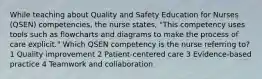 While teaching about Quality and Safety Education for Nurses (QSEN) competencies, the nurse states, "This competency uses tools such as flowcharts and diagrams to make the process of care explicit." Which QSEN competency is the nurse referring to? 1 Quality improvement 2 Patient-centered care 3 Evidence-based practice 4 Teamwork and collaboration