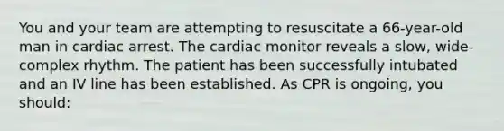 You and your team are attempting to resuscitate a 66-year-old man in cardiac arrest. The cardiac monitor reveals a slow, wide-complex rhythm. The patient has been successfully intubated and an IV line has been established. As CPR is ongoing, you should: