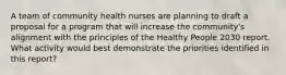 A team of community health nurses are planning to draft a proposal for a program that will increase the community's alignment with the principles of the Healthy People 2030 report. What activity would best demonstrate the priorities identified in this report?