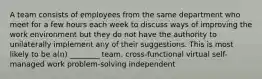 A team consists of employees from the same department who meet for a few hours each week to discuss ways of improving the work environment but they do not have the authority to unilaterally implement any of their suggestions. This is most likely to be a(n) ________ team. cross-functional virtual self-managed work problem-solving independent