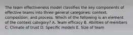 The team effectiveness model classifies the key components of effective teams into three general categories: context, composition, and process. Which of the following is an element of the context category? A. Team efficacy B. Abilities of members C. Climate of trust D. Specific models E. Size of team