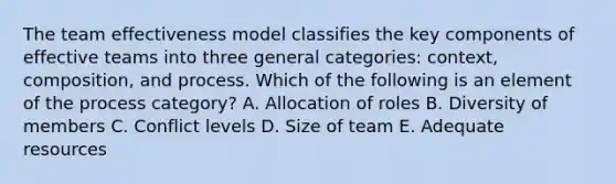 The team effectiveness model classifies the key components of effective teams into three general categories: context, composition, and process. Which of the following is an element of the process category? A. Allocation of roles B. Diversity of members C. Conflict levels D. Size of team E. Adequate resources