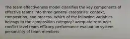 The team effectiveness model classifies the key components of effective teams into three general categories: context, composition, and process. Which of the following variables belongs to the composition category? adequate resources conflict level team efficacy performance evaluation system personality of team members