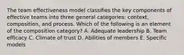 The team effectiveness model classifies the key components of effective teams into three general​ categories: context,​ composition, and process. Which of the following is an element of the composition​ category? A. Adequate leadership B. Team efficacy C. Climate of trust D. Abilities of members E. Specific models