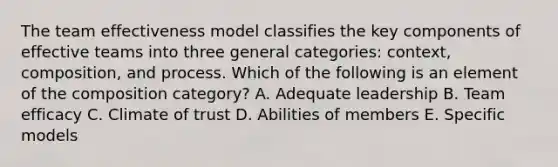 The team effectiveness model classifies the key components of effective teams into three general​ categories: context,​ composition, and process. Which of the following is an element of the composition​ category? A. Adequate leadership B. Team efficacy C. Climate of trust D. Abilities of members E. Specific models