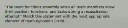 "The team functions smoothly when all team members know their position, functions, and tasks during a resuscitation attempt." Match this statement with the most appropriate element of team dynamics listed.