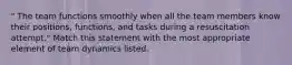 " The team functions smoothly when all the team members know their positions, functions, and tasks during a resuscitation attempt." Match this statement with the most appropriate element of team dynamics listed.