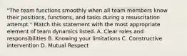 "The team functions smoothly when all team members know their positions, functions, and tasks during a resuscitation attempt." Match this statement with the most appropriate element of team dynamics listed. A. Clear roles and responsibilities B. Knowing your limitations C. Constructive intervention D. Mutual Respect