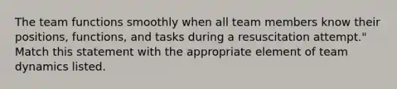 The team functions smoothly when all team members know their positions, functions, and tasks during a resuscitation attempt." Match this statement with the appropriate element of team dynamics listed.